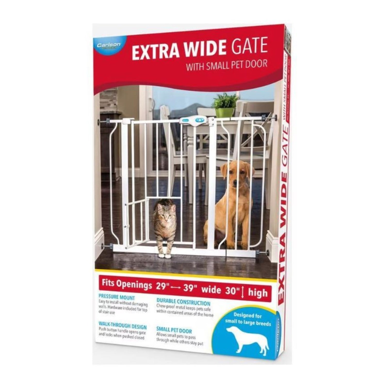 Carlson Extra Wide Pet Gate with Small Pet Door White 29-39 X 30in.