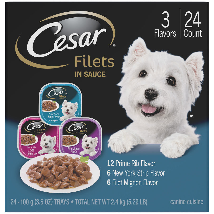 Cesar Filets in Gravy Adult Wet Dog Food Variety Pack (Prime Rib, Filet Mignon, New York Strip)  (Case of 24)