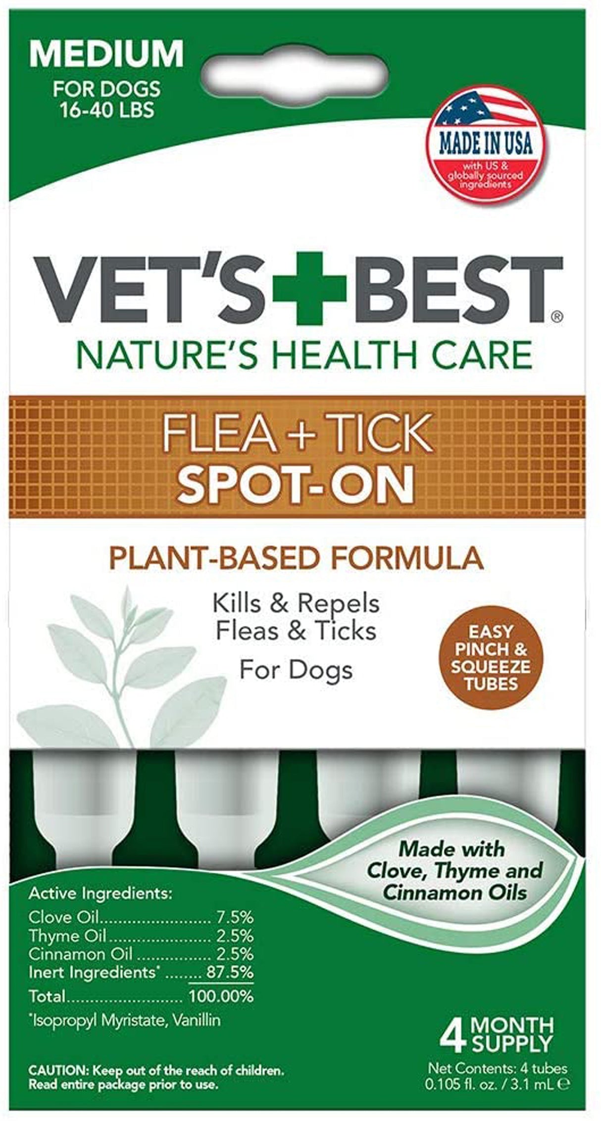 Vet's Best Flea and Tick Spot-On  4 ct medium dog 16-40 lbs.