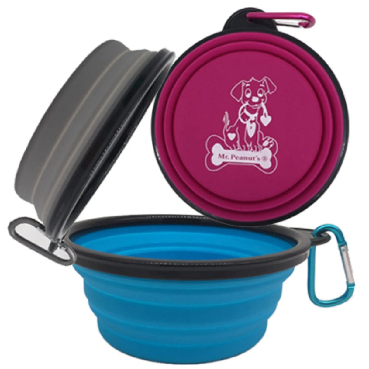 Mr. Peanut's Collapsible Silicone Bowls with Color Matched Carabiner Clips