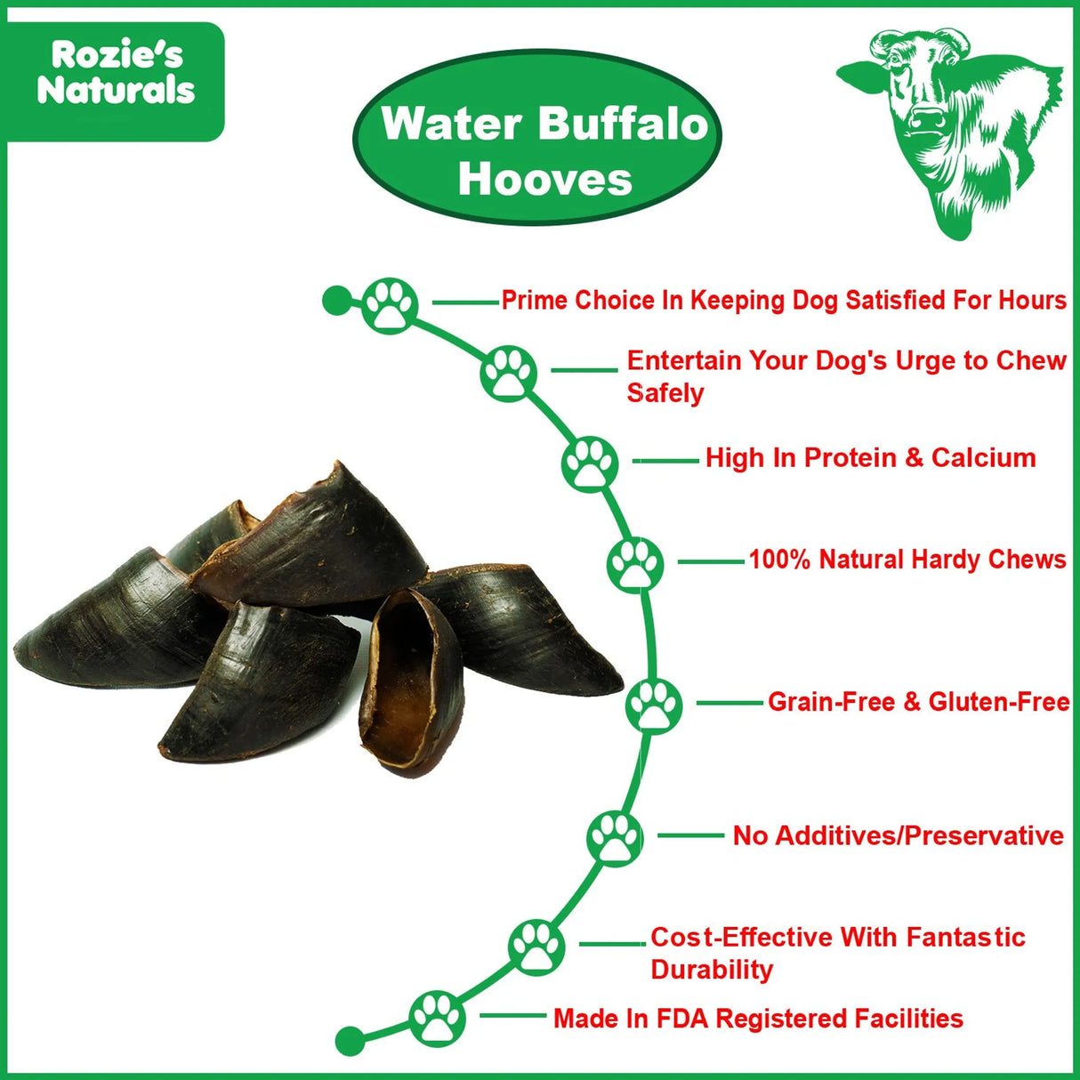 WATER BUFFALO HOOVES-100% Natural, High Protein, Long-Lasting, Grain-Free, Gluten-Free, Dog Dental Treat & Chews, 4 ct