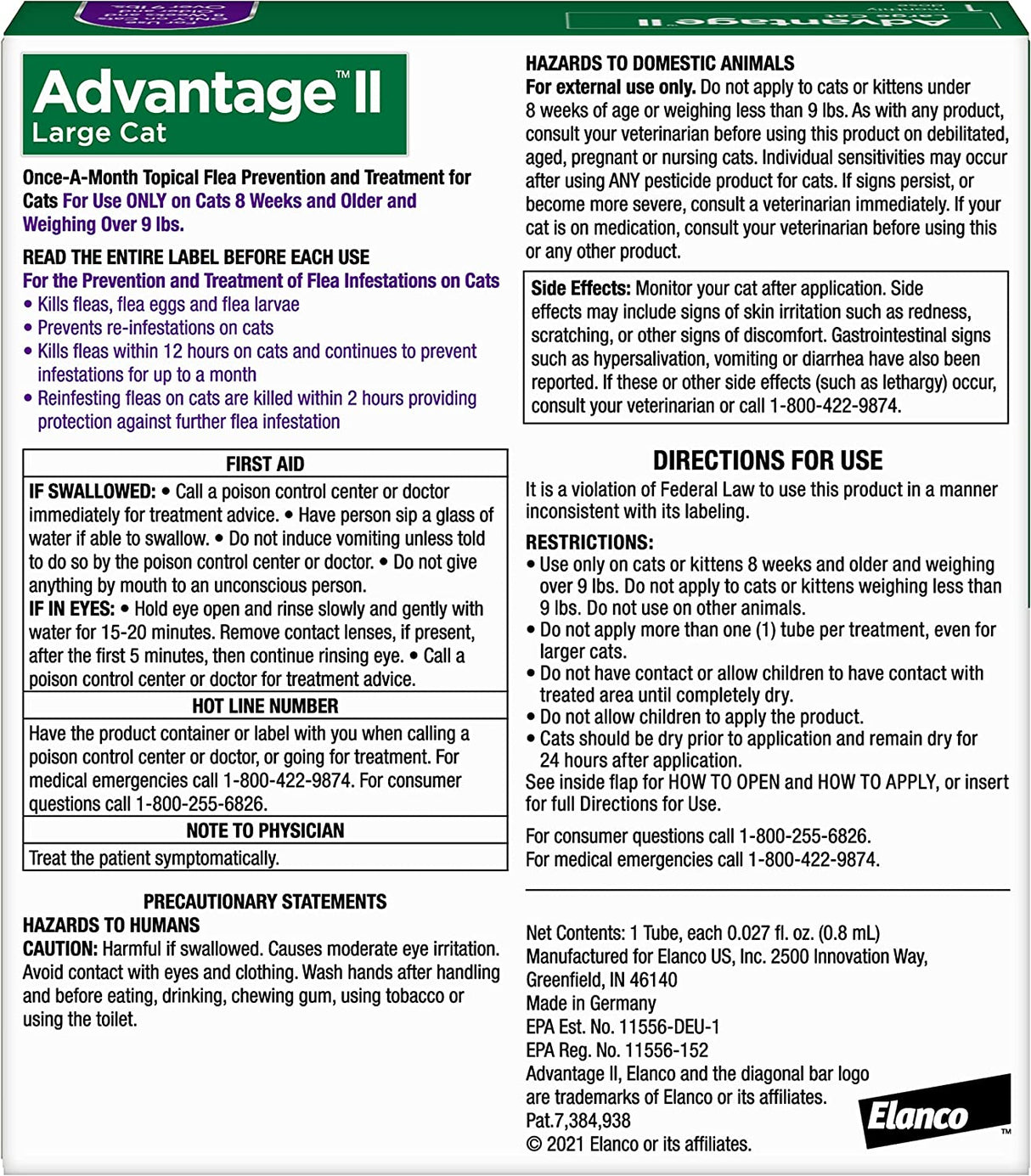 Advantage II Large Cat Single Dose Purple 8 weeks or older/9 lbs. +