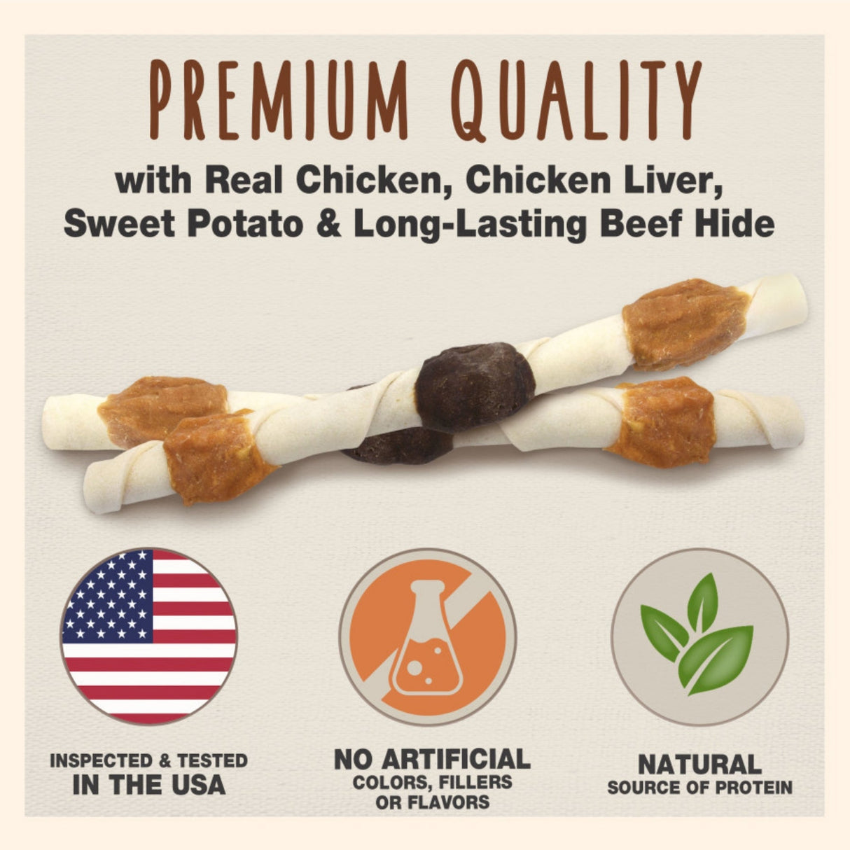 Cadet Gourmet Beef Hide Shish Kabob Dog Treats X-Large, Chicken, Chicken Liver & Sweet Potato, (15 ct)