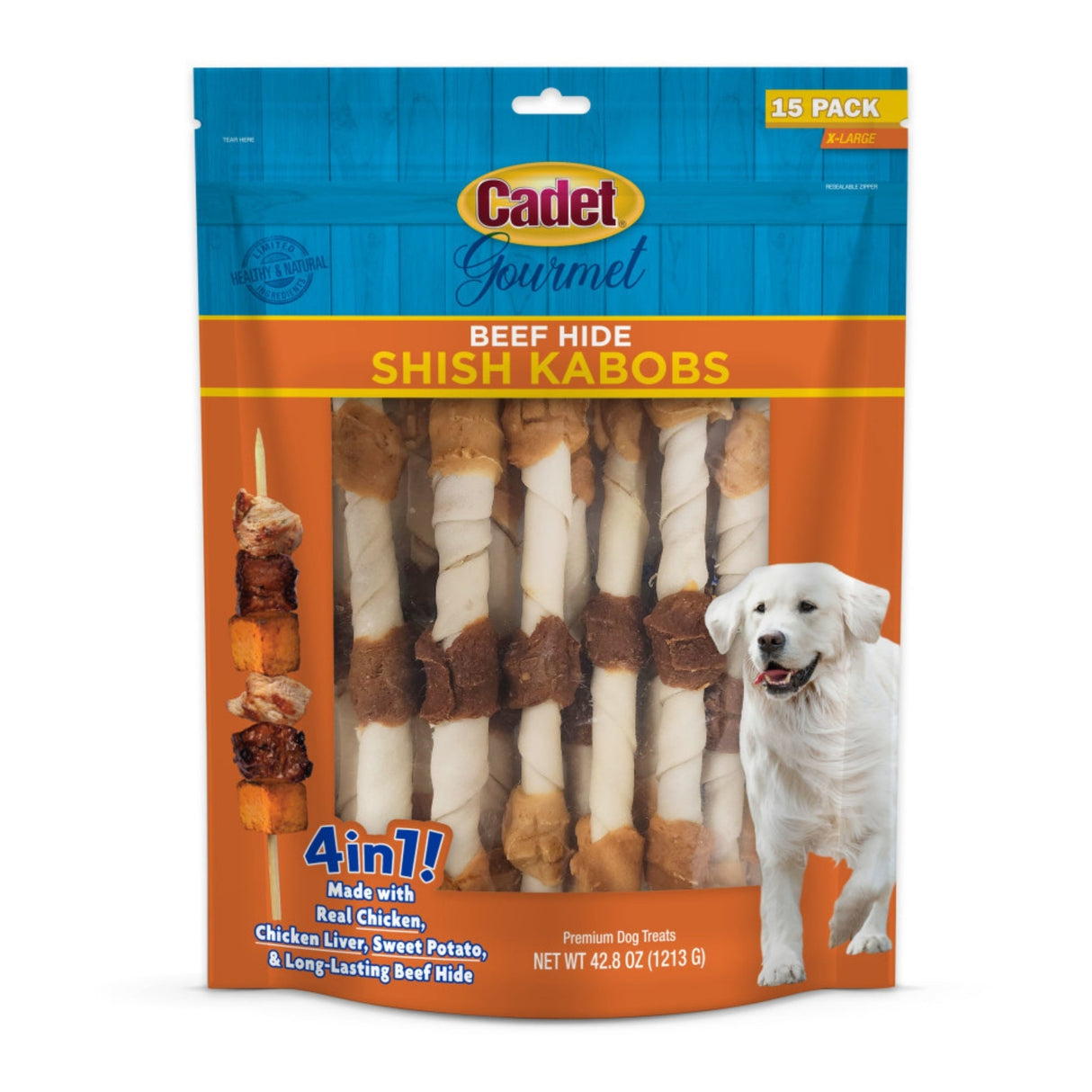 Cadet Gourmet Beef Hide Shish Kabob Dog Treats X-Large, Chicken, Chicken Liver & Sweet Potato, (15 ct)