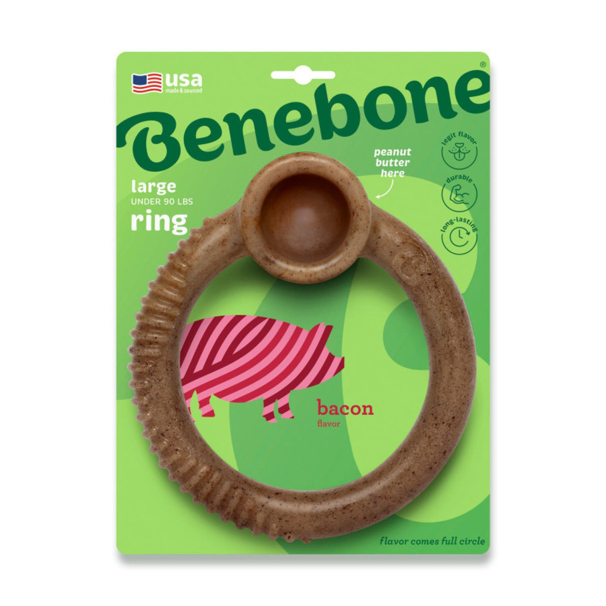 Benebone Ring Durable Dog Chew Toy Bacon, Large