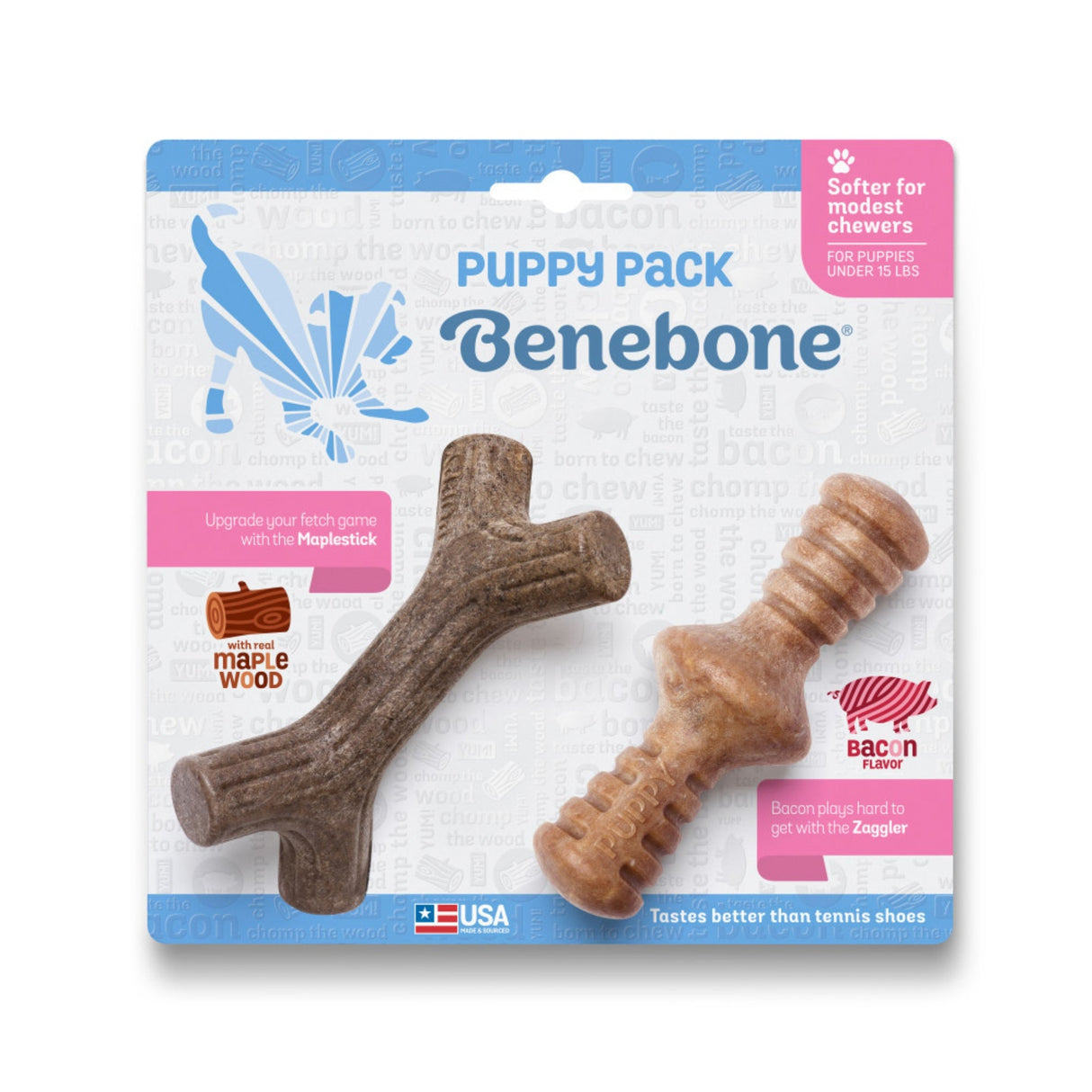 Benebone Puppy Pack Stick & Zaggler Dog Chew Toy Maplewood & Bacon, Extra Small